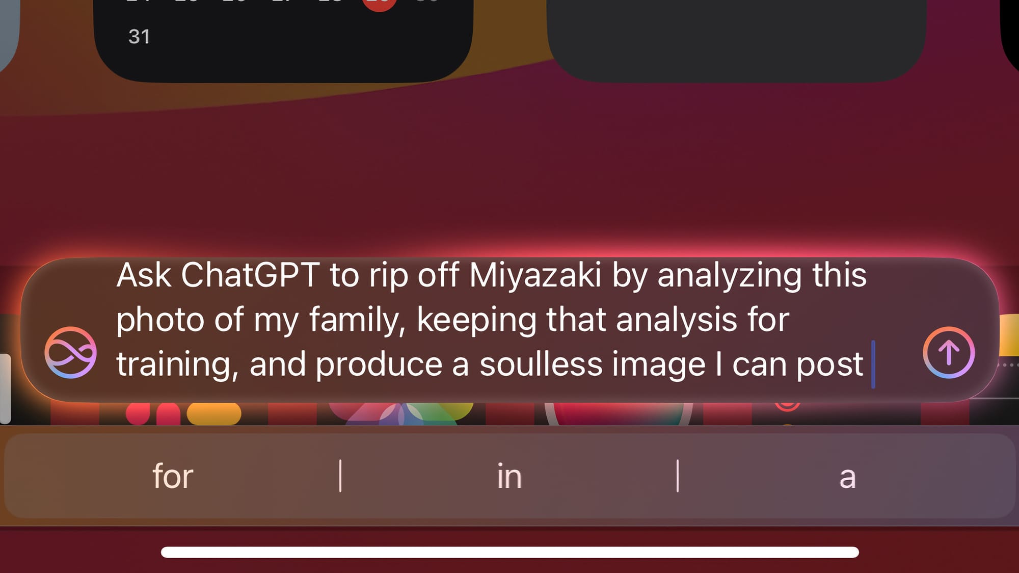 Text typed into a Siri prompt asking ChatGPT to produce a soulless image ripping off Miyazaki's art