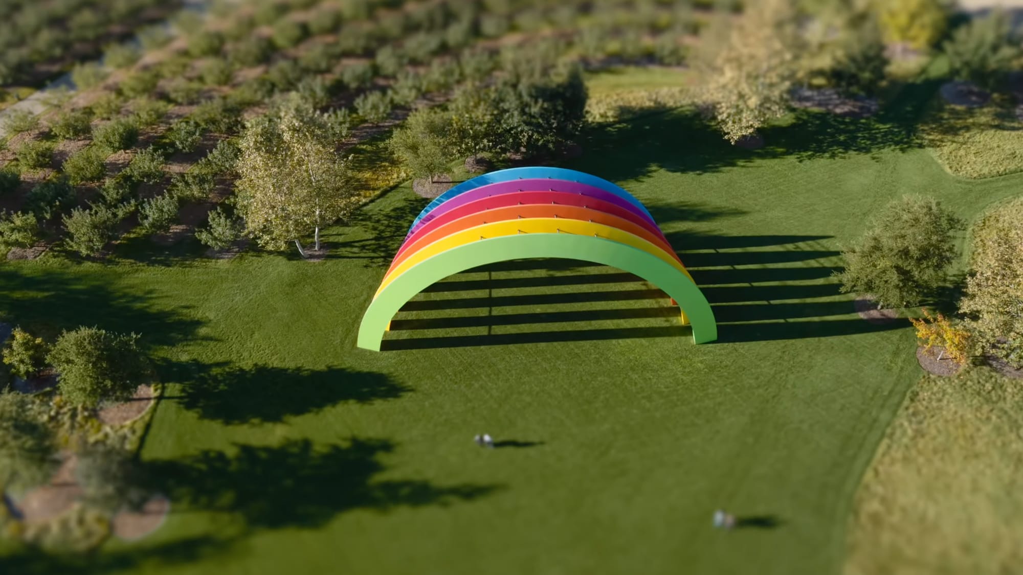 Apple's miniature shot of the rainbow stage at Apple Park