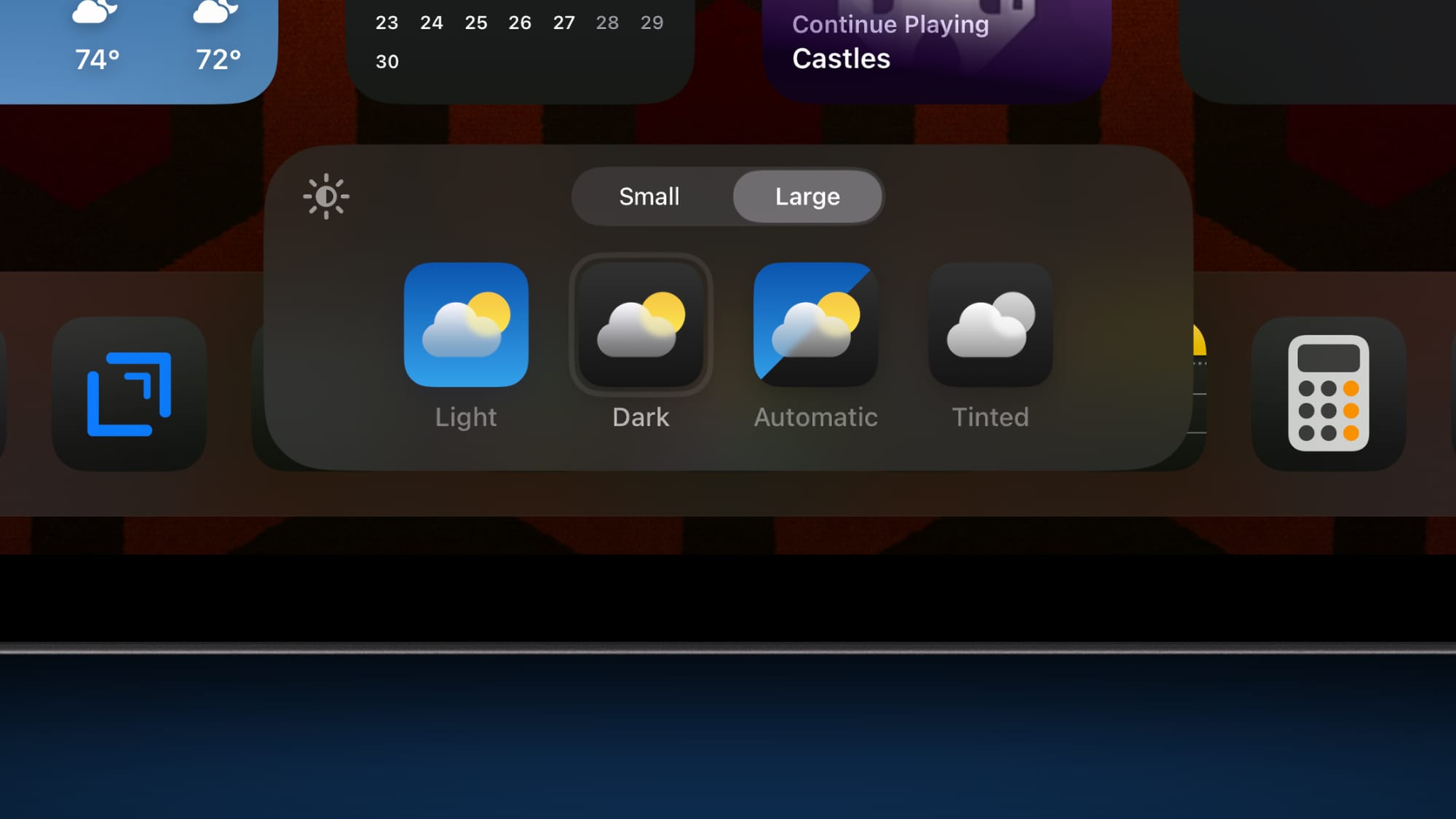 A modal showing light, dark, automatic, or tinted options for Home Screen icons on an iPad