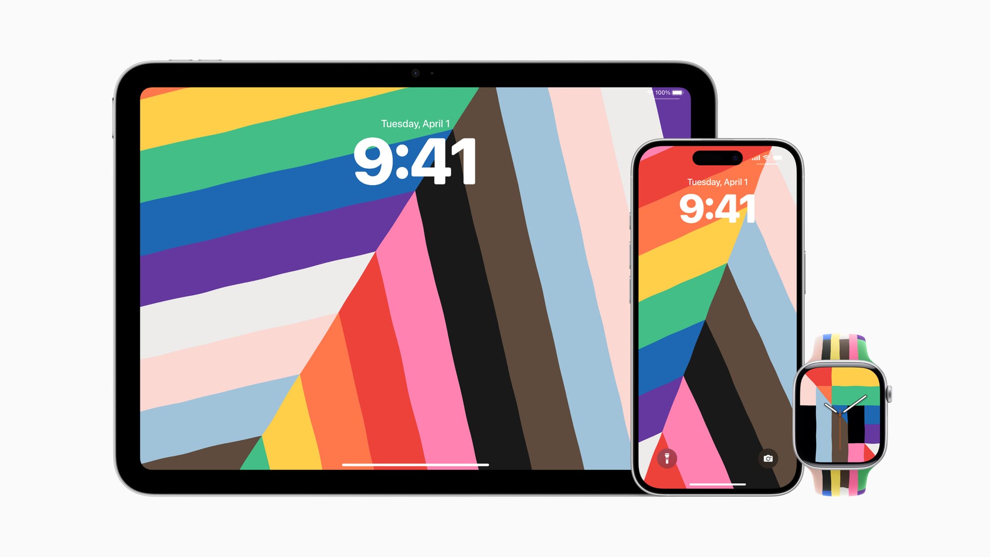 Images of an iPad, iPhone, and Apple Watch with the pride wallpapers
