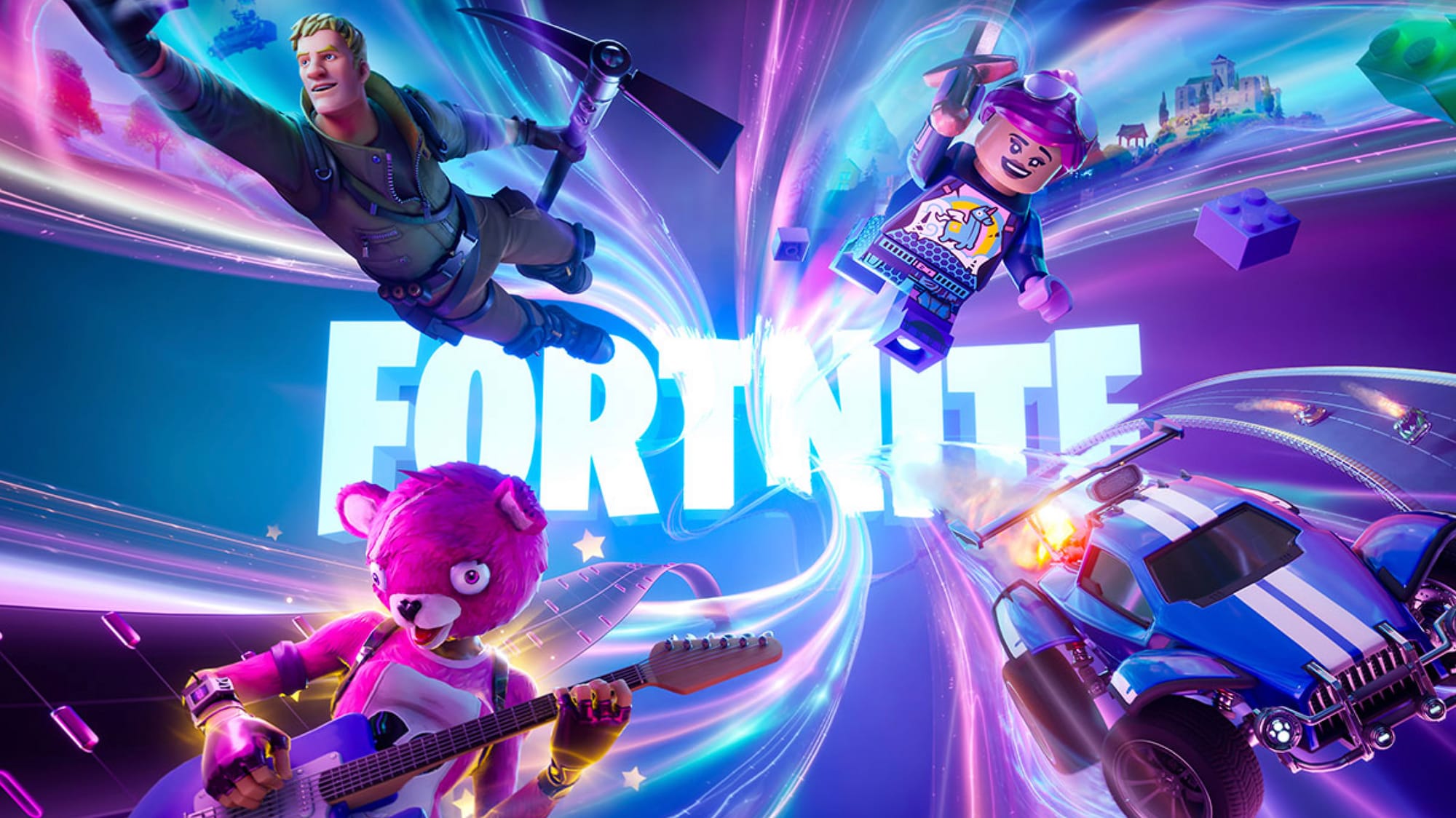 A Fortnite image with characters jumping out from a logo