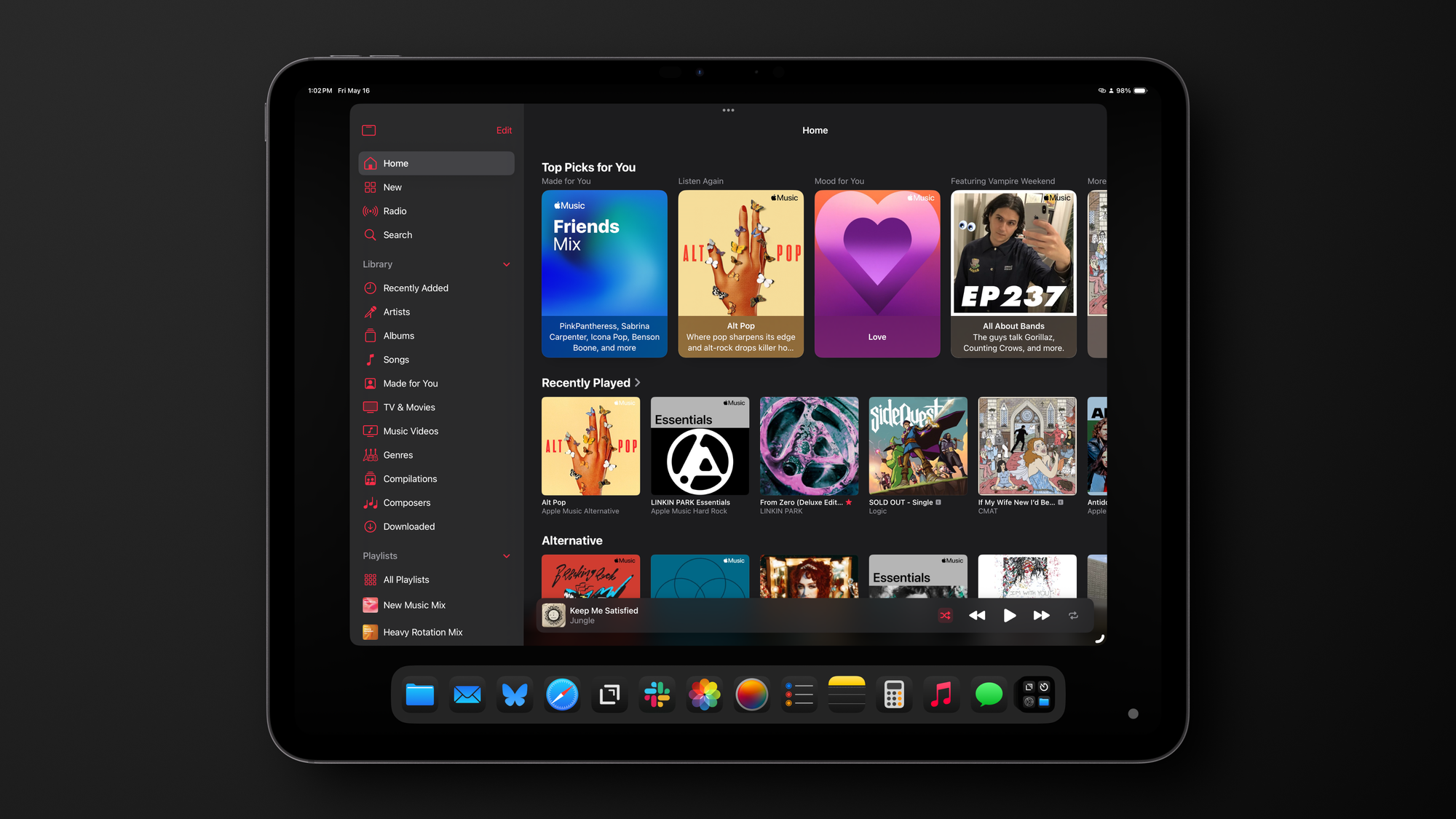 A screenshot of Apple Music shown on iPad