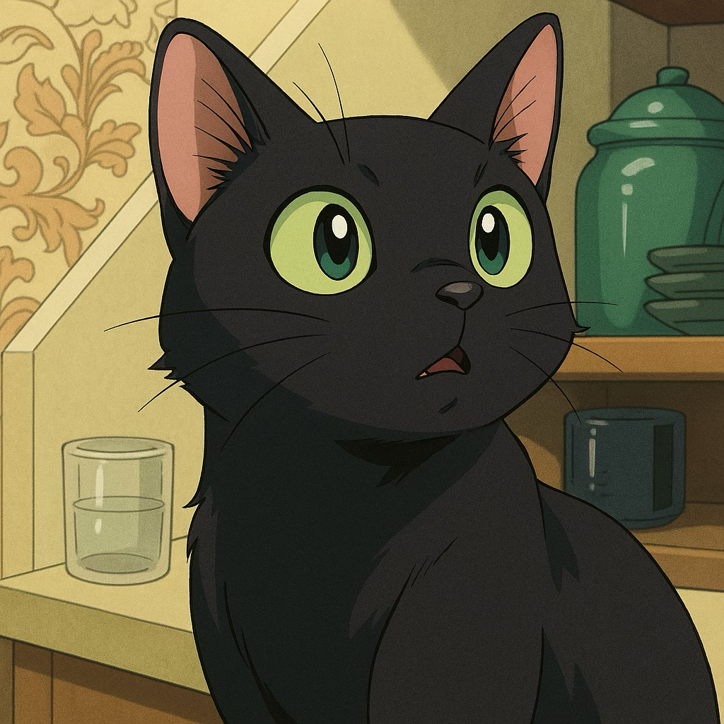 An AI generated image of a black cat with green and yellow eyes sitting on a counter