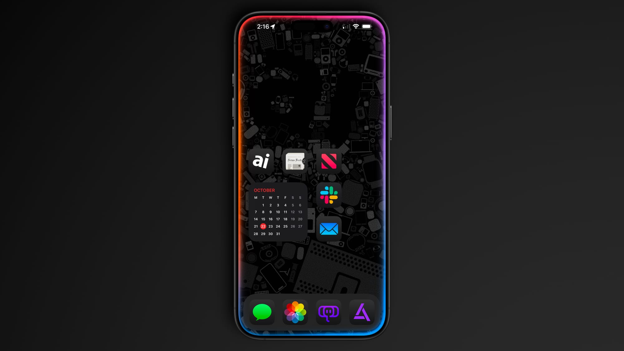 A screenshot of an iPhone Home Screen showing the rainbow Siri animation