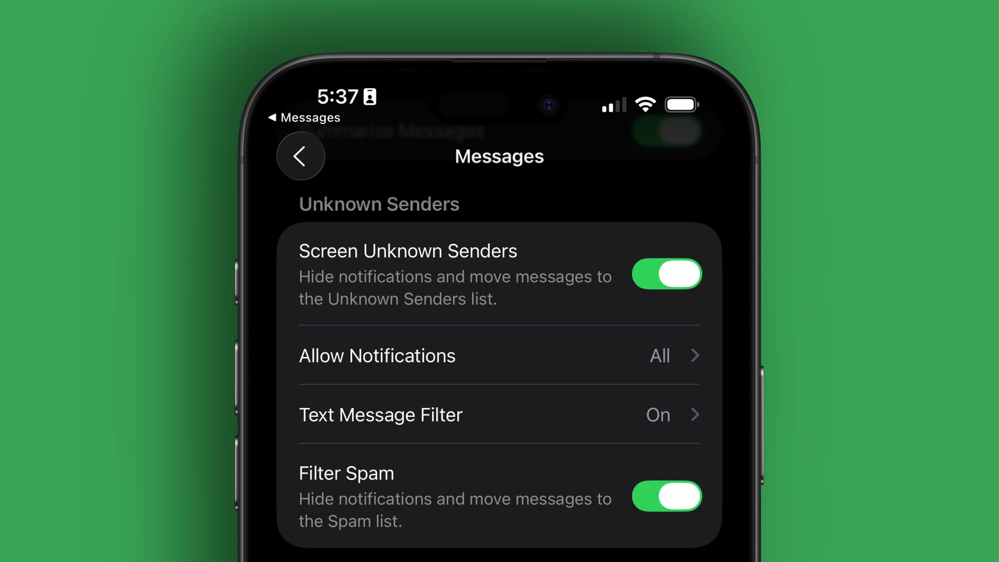 A menu in Settings in iOS 26 for Messages filtering options