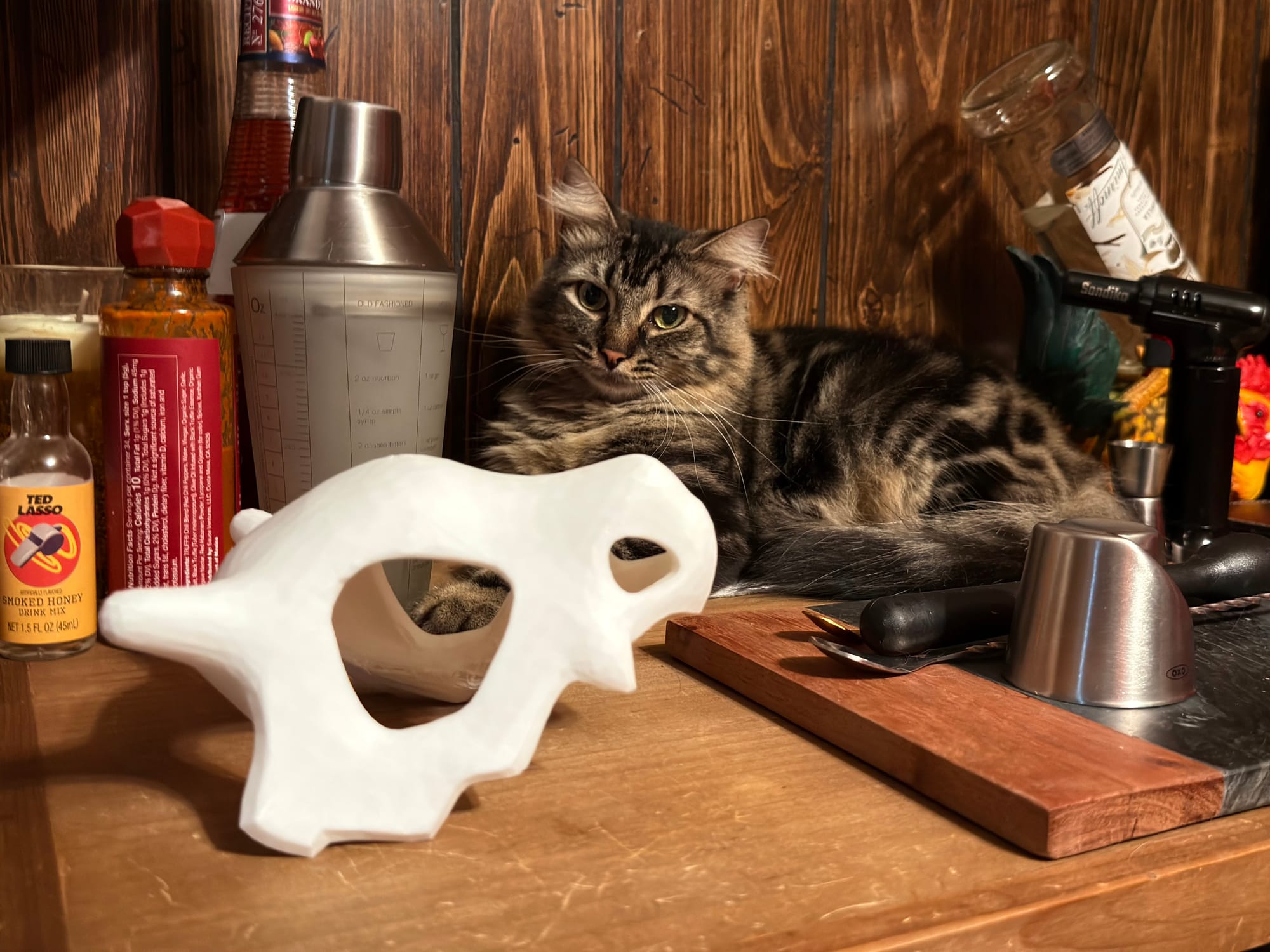 A cat laying on a bar near various drink making tools and a 3D printed Pokemon Cubone skull