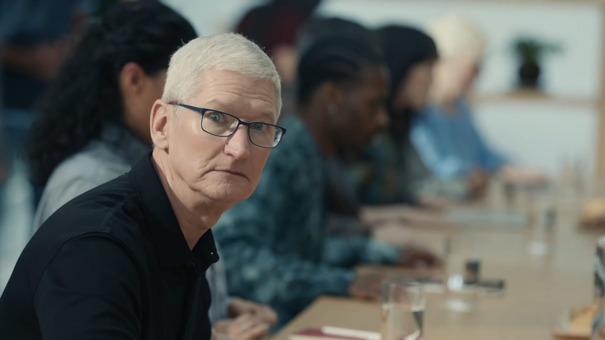 A shocked Tim Cook in a skit where Mother Nature shows up