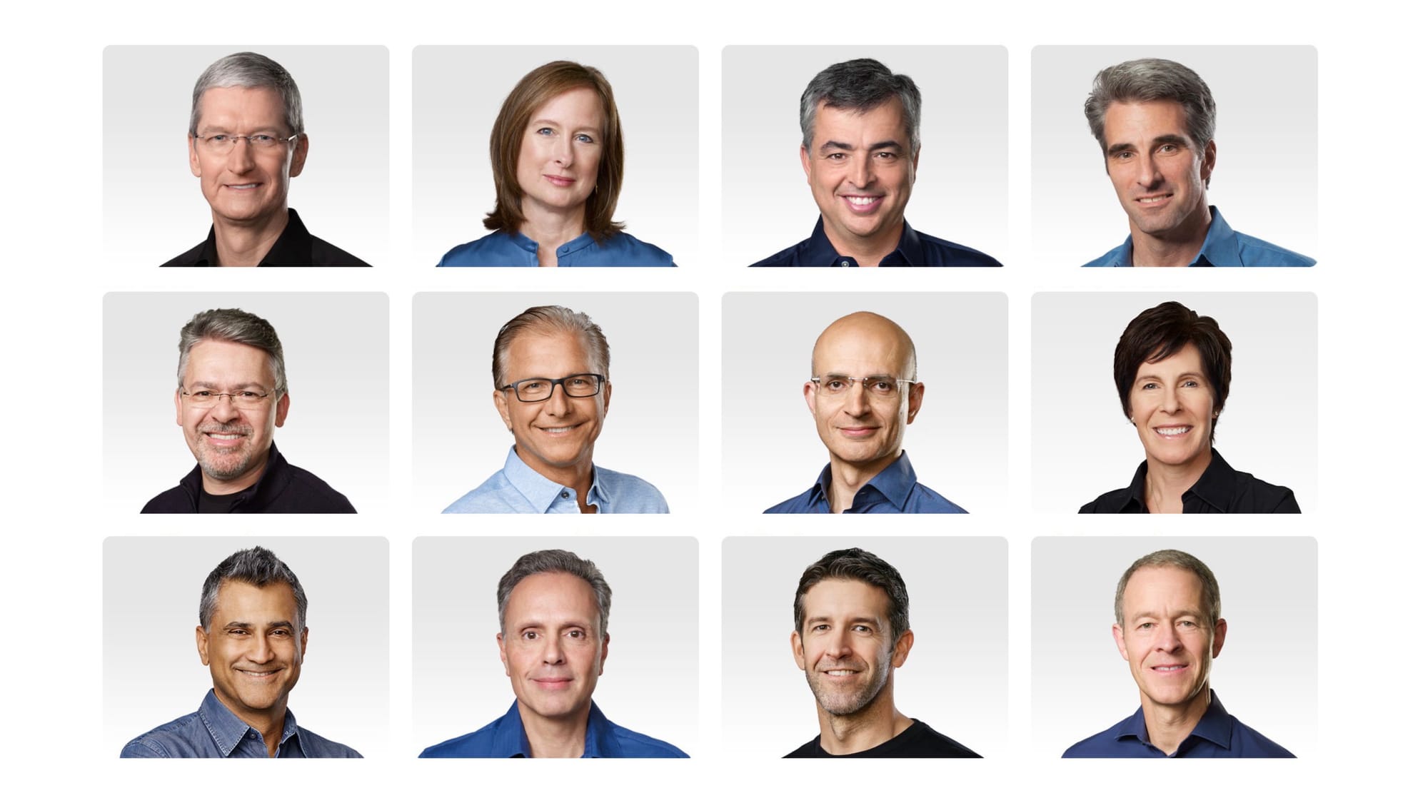 Apple's executives in a grid showing Tim Cook top left down to Jeff Williams bottom right