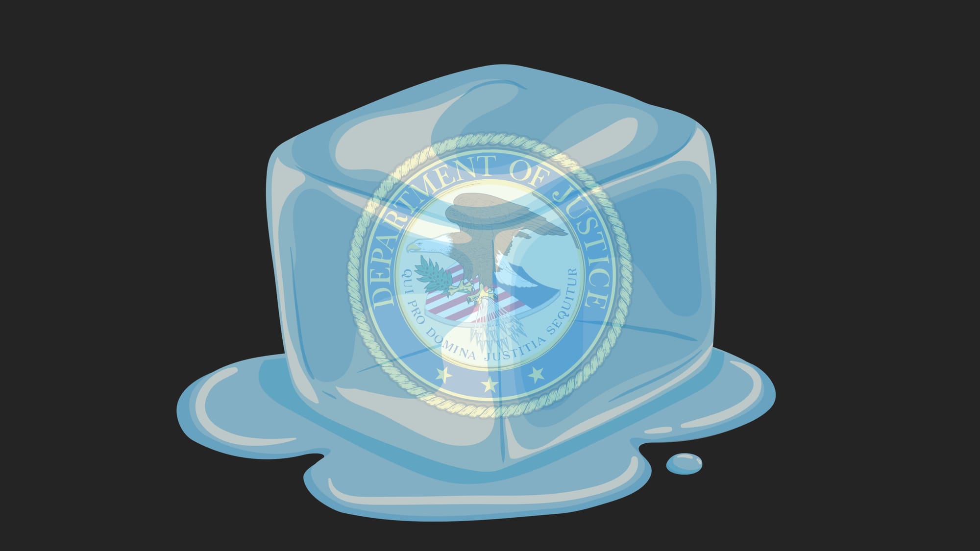 An ice cube logo for ICEBLock surrounding the DOJ seal