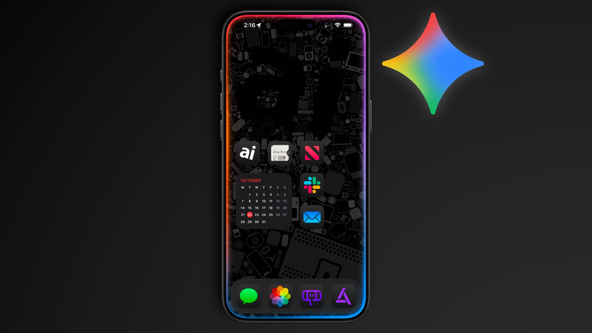 A screenshot of an iPhone Home Screen with a dark wallpaper and colorful icons showing a rainbow waveform around the edge, signifying a Siri interaction, and the Gemini rainbow star to the side of the device