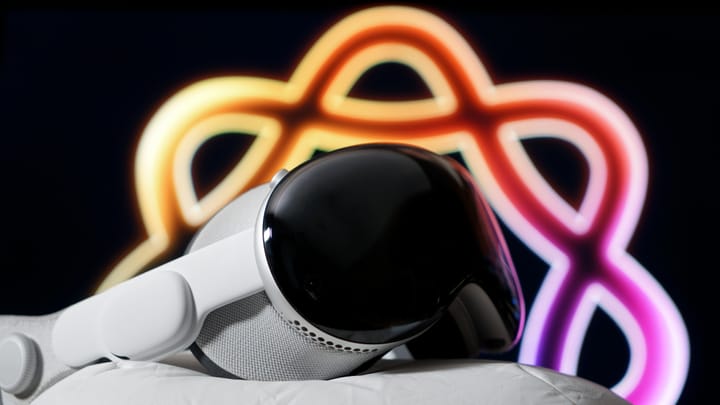 Apple Vision Pro on the Travel Case with the Apple Intelligence logo in the background