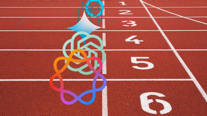 A foot racing track with numbers marking the lanes and icons for various AI tools like ChatGPT, Perplexity, and Gemini at the starting line.