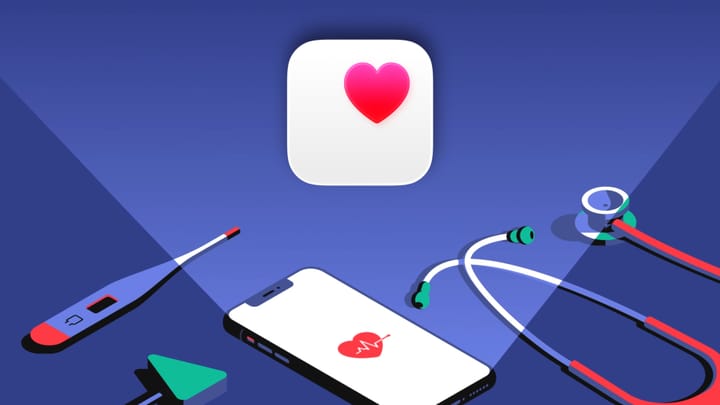 Apple Health icon above instruments like a thermometer, stethoscope, and an iPhone with a heart icon