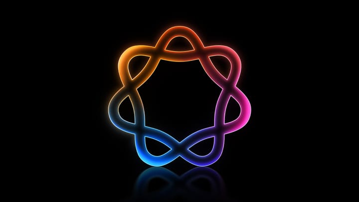 The rainbow Apple Intelligence logo glowing with neon colors wrapped around in a braided shape