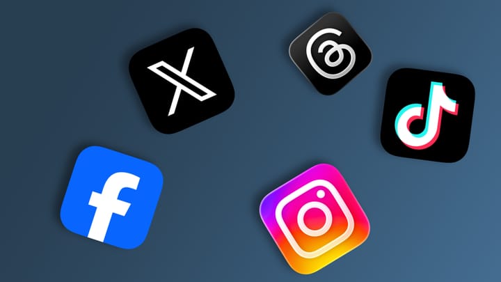 Icons for Facebook, Instagram, X, Threads, and TikTok on a blue background