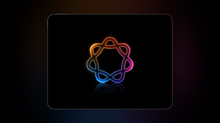 Apple Intelligence rainbow braided logo shown on an iPad Pro display