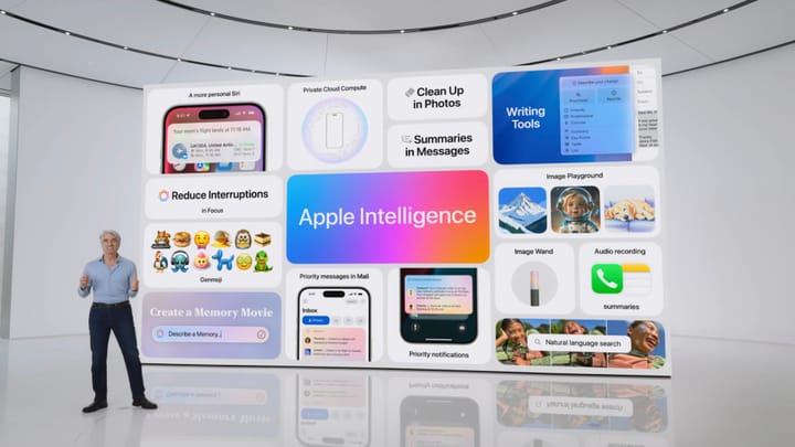 The Apple Intelligence bento shown during WWDC 2024 with Craig Federighi standing in front