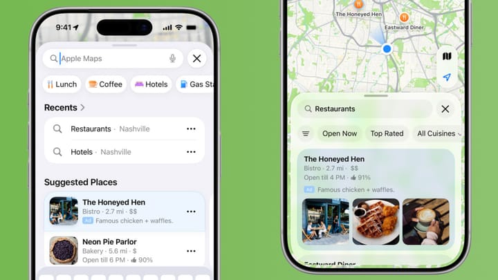 Apple's examples of ads in search in Apple Maps, one showing suggested places, another showing an ad in search results